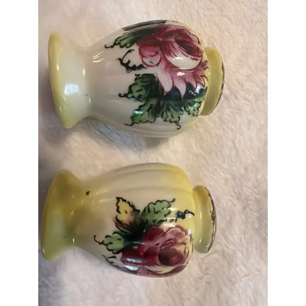 Vintage Hand Painted Rose Porcelain Salt & Pepper Shakers Pair Cork Stoppers